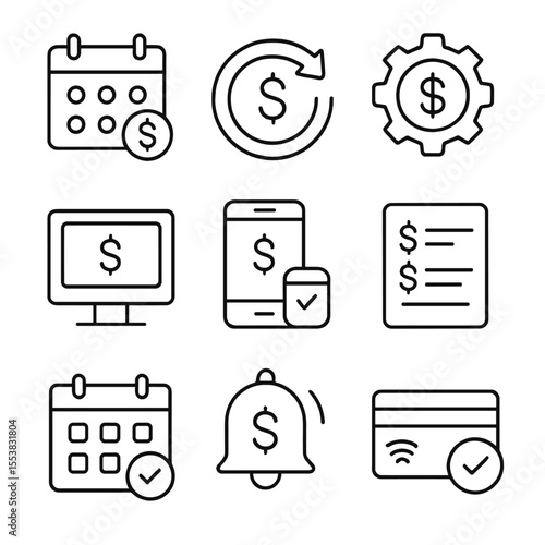 Recurring Payment Icons. Outline style icons of Recurring Payments: calendar with dollar, repeat transaction icon, auto-deduct