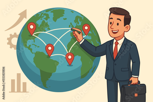 Global business expansion concept. Businessman marks points on a world map globe, illustrating international trade, globalization, and corporate growth strategy. Vector cartoon.