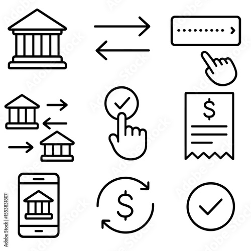 Bank Transfer Icons. Outline style icons of Bank Transfer: bank building, wire transfer arrows, routing number input, account to