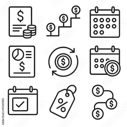 Payment Plan Icons. Outline style icons of Payment Plans: installment icon, payment step tracker, calendar with multiple dates,