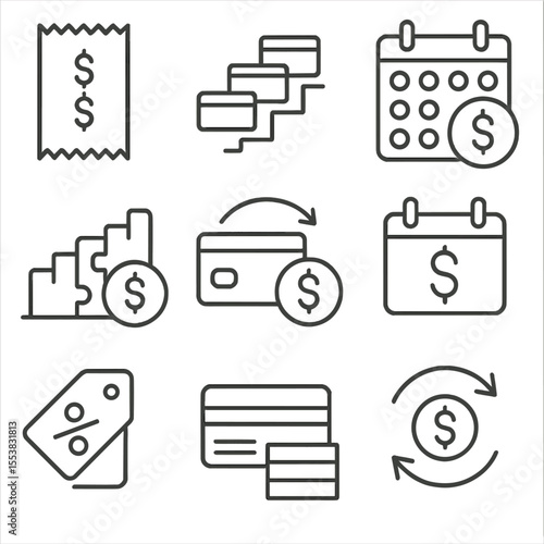 Payment Plan Icons. Outline style icons of Payment Plans: installment icon, payment step tracker, calendar with multiple dates,