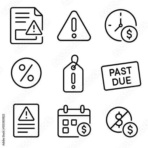 Finance Icons Outline. Outline style icons of Late Fees and Penalties: overdue invoice, red alert icon, clock and dollar, interest