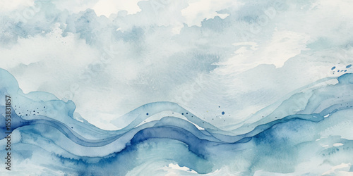 Blue ocean wave background. Blue and white water ocean background. Wavy line background. Hand drawn watercolour ocean background. Vector illustration.	