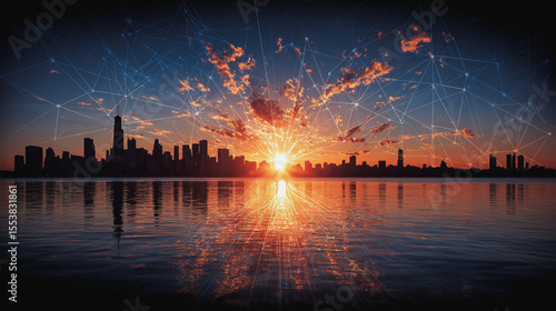 Smart city with connection network reciprocity over the cityscape social media networking systems that connects on the peak of success amid tall, innovative Smart city and graphs with statistics to a