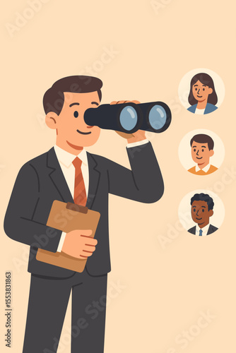 HR professional searching for job candidates with binoculars, recruitment concept, talent acquisition, hiring process, business people, diverse applicants, cartoon vector illustration
