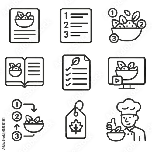 Salad Recipe Icons. Outline style icons of Salad Recipes: recipe card, step-by-step sheet, salad bowl with numbers, cookbook page,
