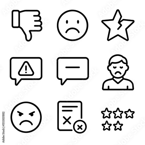 Negative Feedback Icons. Outline style icons of Negative Feedback: thumbs down, frowning face, broken star rating, red alert