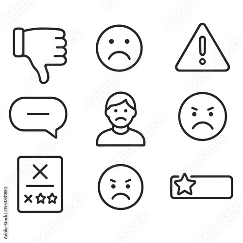 Negative Feedback Icons. Outline style icons of Negative Feedback: thumbs down, frowning face, broken star rating, red alert
