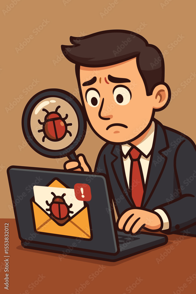 Worried businessman examining suspicious email virus with magnifying glass on laptop screen, cybersecurity threat concept, email malware alert, vector cartoon illustration Worried businessman examining suspicious email virus with magnifying glass on laptop screen, cybersecurity threat concept, email malware alert, vector cartoon illustration