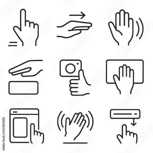 Touchless Gesture Icons. Outline style icons of Touchless Gesture Indication: hover finger, air swipe, motion sensor wave,