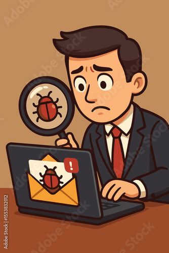 Worried businessman examining suspicious email virus with magnifying glass on laptop screen, cybersecurity threat concept, email malware alert, vector cartoon illustration