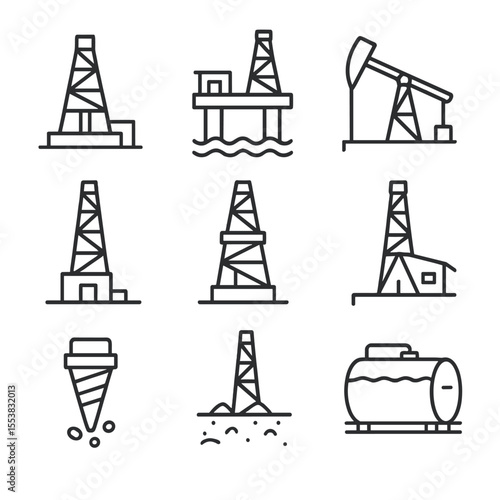 Oil Extraction Icons. Outline style icons of Oil Extraction: oil rig, offshore platform, pumpjack, drilling tower, oil derrick,