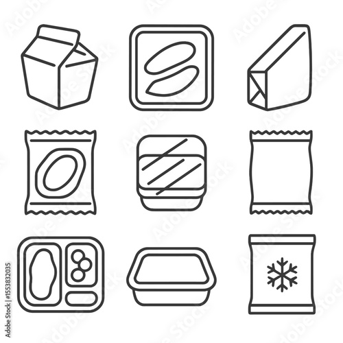 Food Packaging Icons. Outline style icons of Food Packaging: takeaway box, sealed tray, paper sandwich wrap, vacuum pack, cling