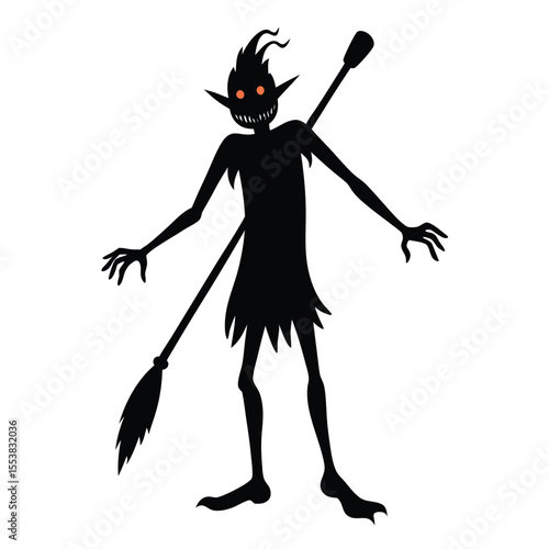 A silhouette of a witch with glowing red eyes holding a broomstick in a dark fantasy setting