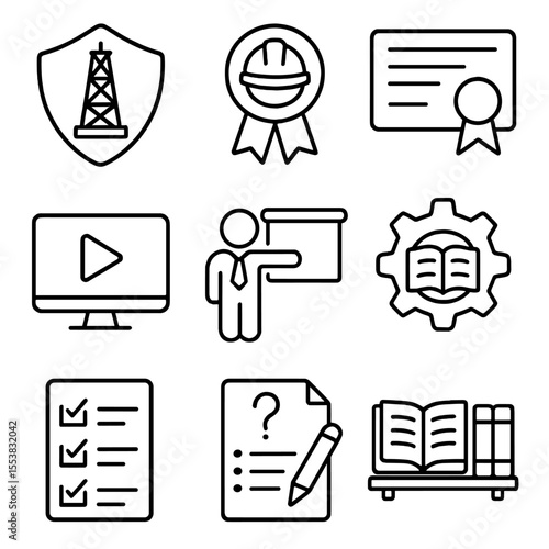 Training Icons Set. Outline style icons of Training and Certification: oil rig course icon, safety training badge, certificate