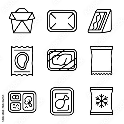 Food Packaging Icons. Outline style icons of Food Packaging: takeaway box, sealed tray, paper sandwich wrap, vacuum pack, cling