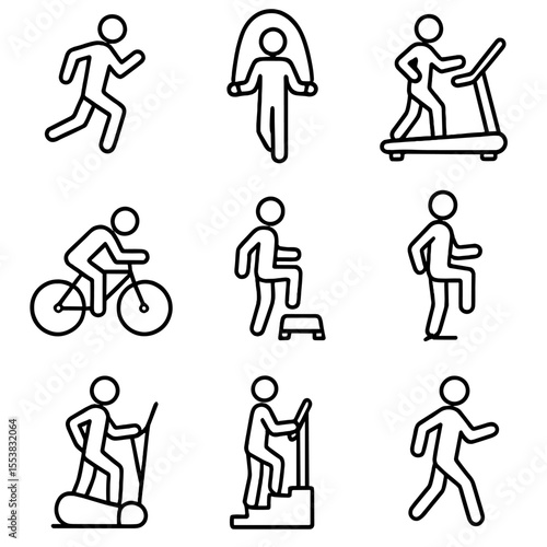 Cardio Workout Icons. Outline style icons of Cardio Workouts: running silhouette, jump rope icon, treadmill user, cycling pose,