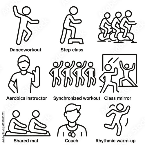 Group Fitness Icons. Outline style icons of Group Fitness: dance workout silhouette, step class, team spin session, aerobics