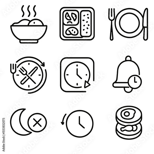 Meal Timing Icons. Outline style icons of Meal Timing and Schedule: breakfast bowl, lunchbox icon, dinner plate, intermittent