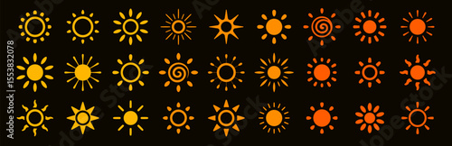 Sun icon set with stylized solar shapes, spiral rays, abstract heat symbols. Collection of bright summer, energy, weather, climate, day, forecast and sunny light elements. Vector illustration.