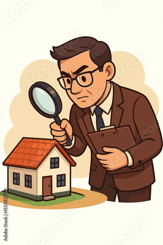 Real estate appraiser examining house model with magnifying glass. Property valuation, home inspection for accurate market price assessment. Mortgage and investment analysis concept.