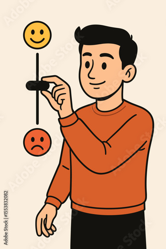 Emotional regulation and mood control. Cartoon illustration of a man adjusting an emotions slider from sad to happy face. Mental health, well-being, psychology.