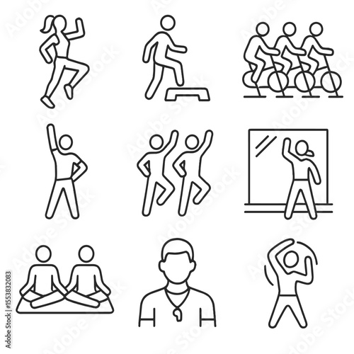 Group Fitness Icons. Outline style icons of Group Fitness: dance workout silhouette, step class, team spin session, aerobics