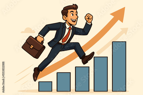 Motivated businessman runs up growth chart. Career ladder and success concept. Ambitious professional climbing towards goal. Business development, achievement, and progress vector.