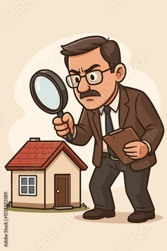 Meticulous real estate appraiser or agent examining house with magnifying glass. Concept for property valuation, home inspection, market price assessment, mortgage. Vector cartoon.