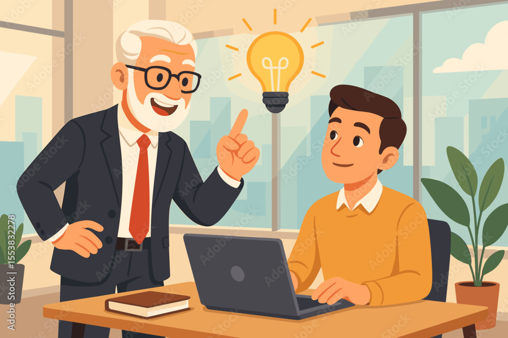 Experienced manager coaching a young male employee in a modern office. Senior leader shares a creative business idea, symbolized by a lightbulb. Mentorship, teamwork, innovation concept. Experienced manager coaching a young male employee in a modern office. Senior leader shares a creative business idea, symbolized by a lightbulb. Mentorship, teamwork, innovation concept.