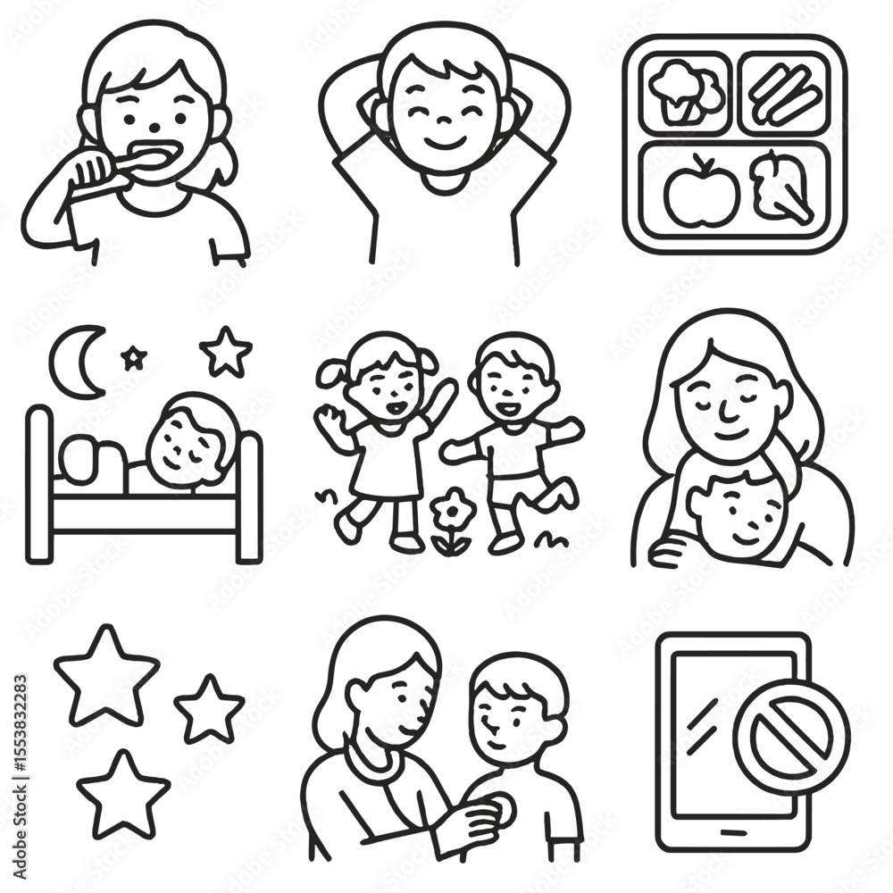 Healthy Kids Icons. Outline style icons of Healthy Kids: kids brushing teeth, child stretching, lunchbox with veggies, bedtime Healthy Kids Icons. Outline style icons of Healthy Kids: kids brushing teeth, child stretching, lunchbox with veggies, bedtime