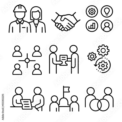 Cross-functional Collaboration Icons. Outline style icons of Cross-functional Teams: engineer and marketer, design and development