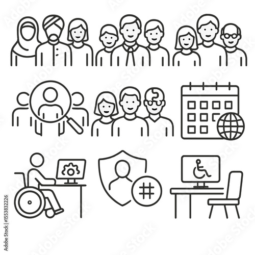 Workplace Diversity Icons. Outline style icons of Workplace Diversity: different culture outfits, various age workers, mixed