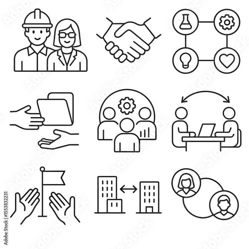 Cross-functional Collaboration Icons. Outline style icons of Cross-functional Teams: engineer and marketer, design and development