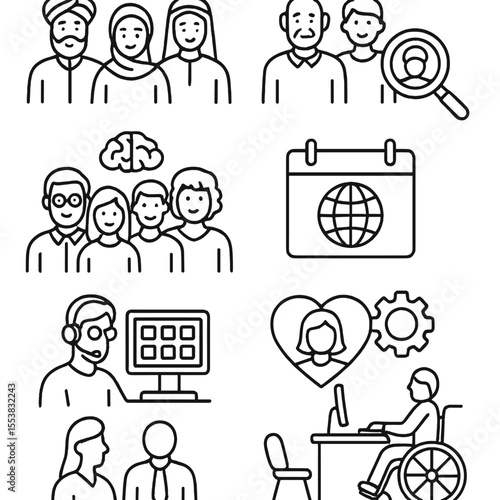 Workplace Diversity Icons. Outline style icons of Workplace Diversity: different culture outfits, various age workers, mixed