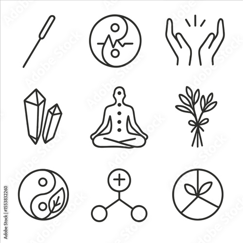 Holistic Healing Icons. Outline style icons of Holistic Healing: acupuncture needle, energy balance symbol, reiki hands, crystal