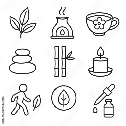 Natural Wellness Icons. Outline style icons of Natural Wellness: herbal leaf, aromatherapy diffuser, flower tea cup, massage