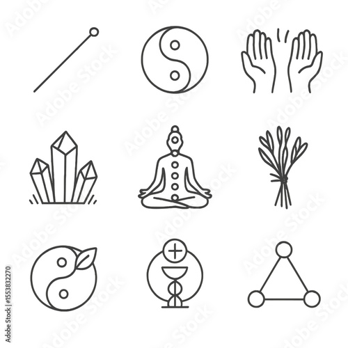 Holistic Healing Icons. Outline style icons of Holistic Healing: acupuncture needle, energy balance symbol, reiki hands, crystal