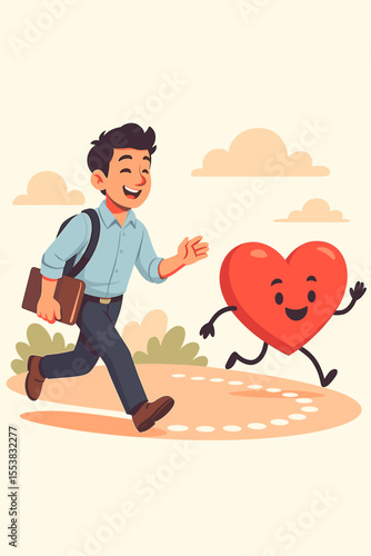 Follow your heart concept. Happy man chasing a running heart character to pursue a passionate career. Dream job, life goal, motivation, and inspiration metaphor. Vector illustration.