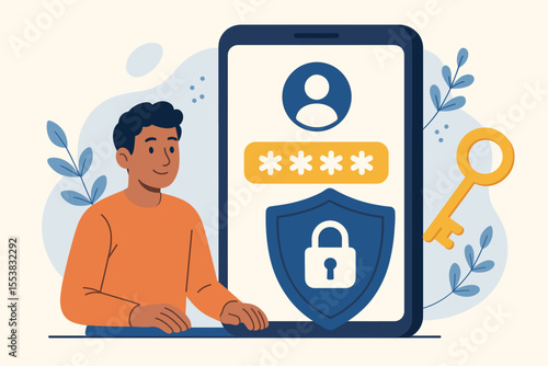 Man securing user data and protecting account on mobile application. Cybersecurity concept with secure login, password authentication, shield, and key for digital privacy. Vector.