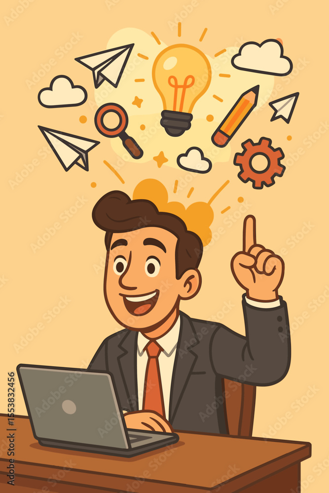 Inspired Businessman Generates Creative Ideas with Lightbulb Moment. Entrepreneur Brainstorming New Business Solutions on Laptop. Innovation Concept. Inspired Businessman Generates Creative Ideas with Lightbulb Moment. Entrepreneur Brainstorming New Business Solutions on Laptop. Innovation Concept.