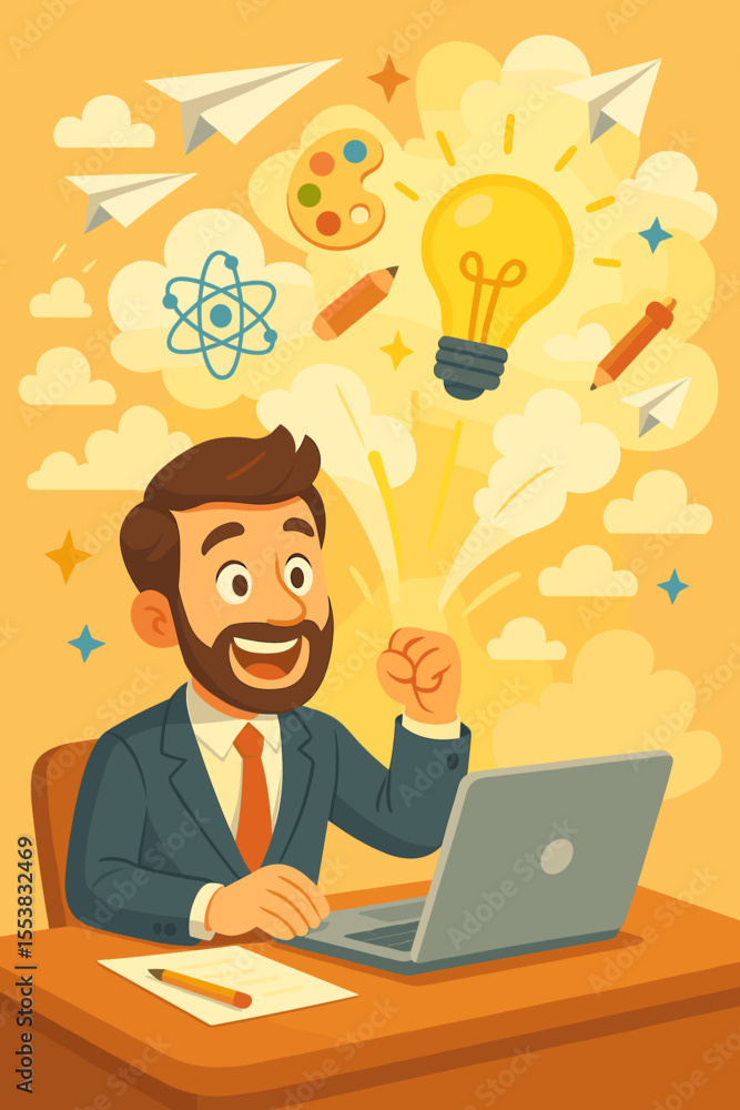 Inspired businessman with a creative idea. Eureka moment, success and innovation concept. Imagination and brainstorming with lightbulb symbol. Vector cartoon character illustration. Inspired businessman with a creative idea. Eureka moment, success and innovation concept. Imagination and brainstorming with lightbulb symbol. Vector cartoon character illustration.