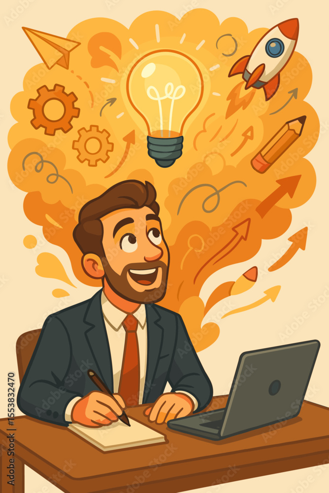 Creative idea concept with businessman and lightbulb. Business startup, innovation, and growth. Imagination takes flight with a rocket. Success strategy and solution. Vector cartoon. Creative idea concept with businessman and lightbulb. Business startup, innovation, and growth. Imagination takes flight with a rocket. Success strategy and solution. Vector cartoon.