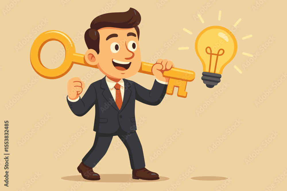 Businessman holding a giant golden key, unlocking innovative ideas. Concept of success, strategy, and finding solutions. Cartoon vector illustration of an entrepreneur with a lightbulb. Businessman holding a giant golden key, unlocking innovative ideas. Concept of success, strategy, and finding solutions. Cartoon vector illustration of an entrepreneur with a lightbulb.