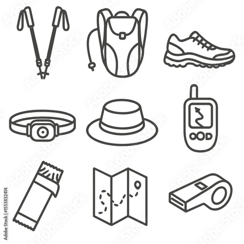 Hiking Gear Icons. Outline style icons of Hiking Gear: trekking poles, hydration pack, trail shoes, headlamp, hiking hat, GPS