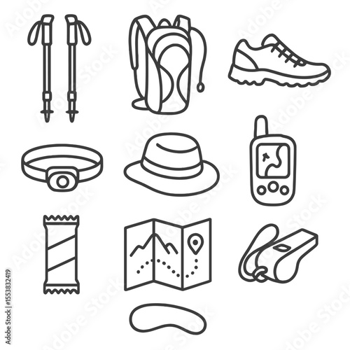 Hiking Gear Icons. Outline style icons of Hiking Gear: trekking poles, hydration pack, trail shoes, headlamp, hiking hat, GPS