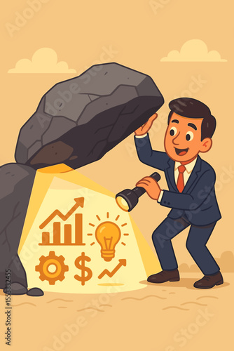 Businessman uncovering hidden opportunities. Metaphor for business growth, strategy, and investment. Man with flashlight finds financial success, ideas, and growth charts under a rock.