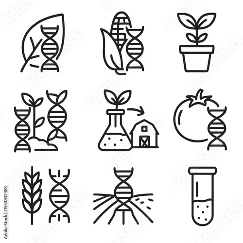 DNA in Agriculture Icons. Outline style icons of DNA in Agriculture: DNA on leaf, GMO crop icon, bioengineered plant, crop