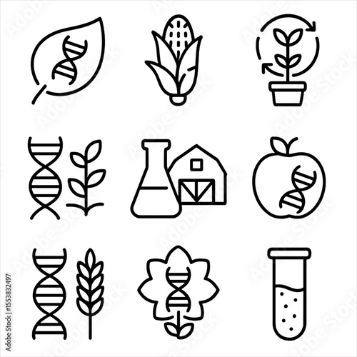 DNA in Agriculture Icons. Outline style icons of DNA in Agriculture: DNA on leaf, GMO crop icon, bioengineered plant, crop