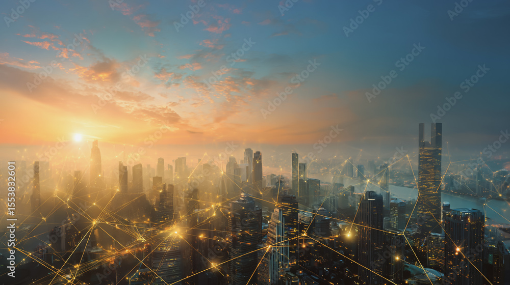 Fototapeta premium Smart city with connection network reciprocity over the cityscape social media networking systems that connects on the peak of success amid tall, innovative Smart city and graphs with statistics to a
